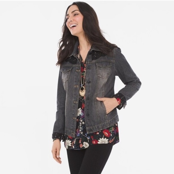 Chico’s Washed Black Jeweled Denim Jacket - Picture 1 of 10